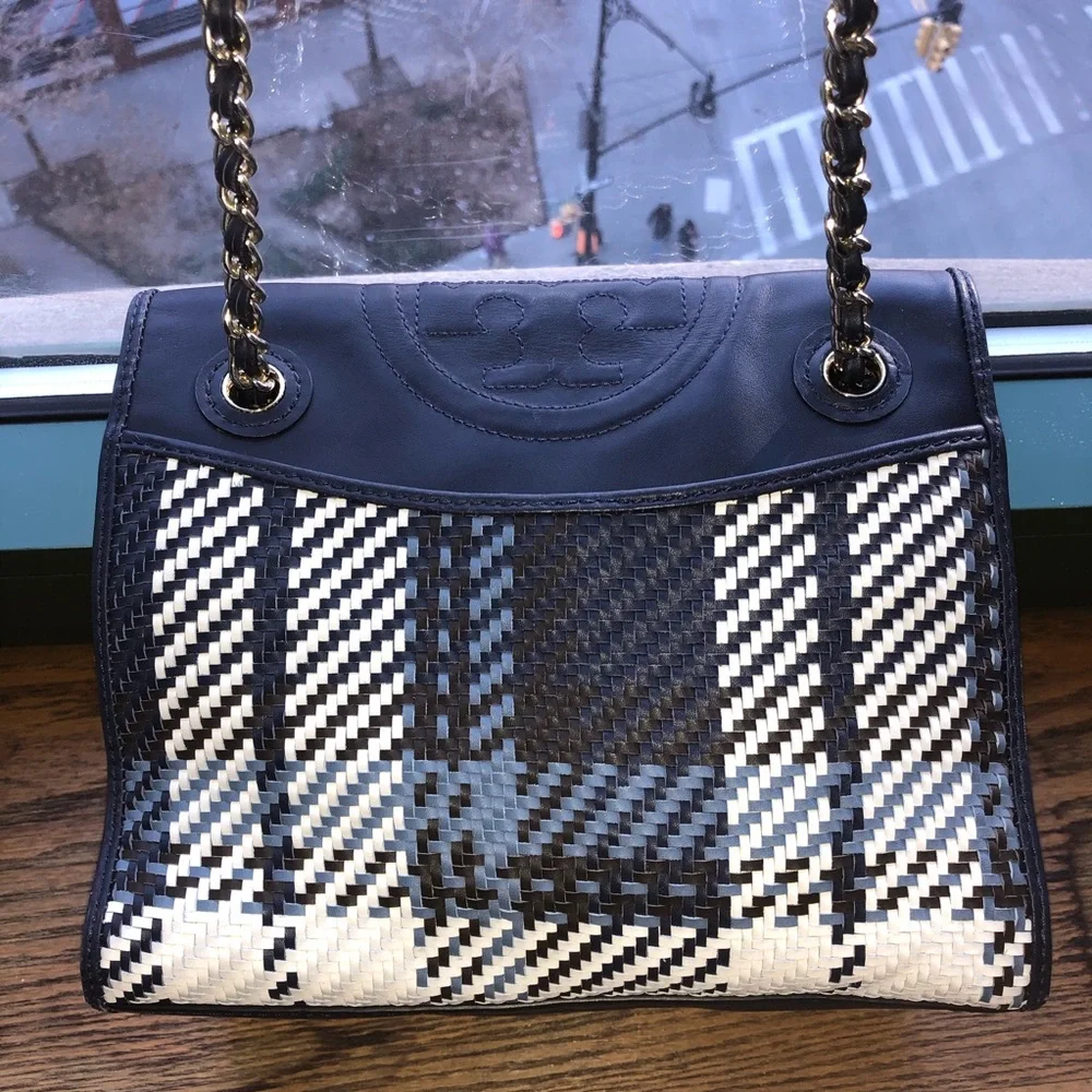 Tory Burch Navy Blue and White Woven Crossbody Bag